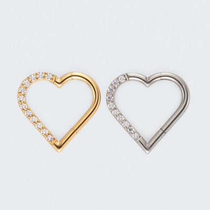 Heart Shaped with Left Facing CZ Segment Clicker Ring in Silver - Titanium