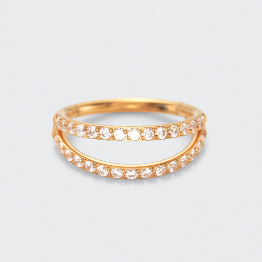 Double Stacked Septum Ring with Front Facing CZ in Gold - Titanium