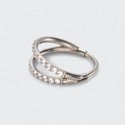 Double Stacked Front Facing CZ Hinged Segment Ring in Silver - Titanium
