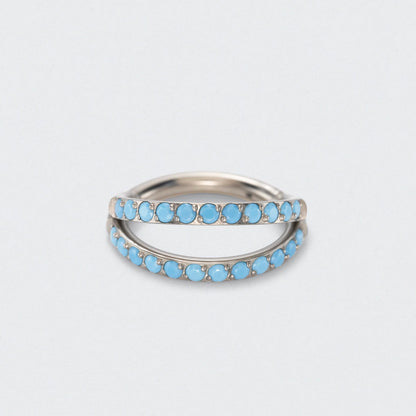 Double Stacked with Front Facing Turquoise Hinged Septum Ring in Silver - Titanium