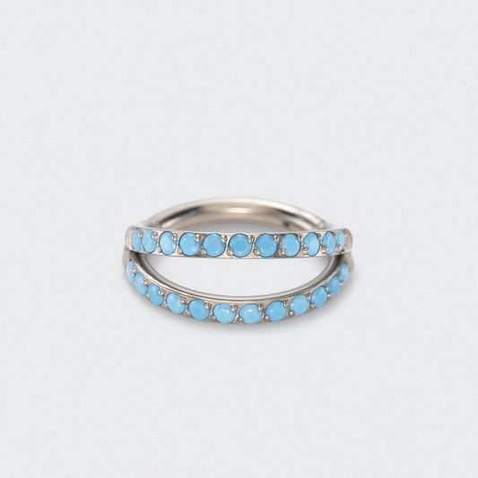 Double Stacked with Front Facing Turquoise Hinged Septum Ring in Silver - Titanium
