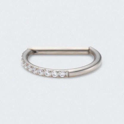 D Shape Half Side CZ Paved Hinged Segment Clicker Ring in Silver - Titanium