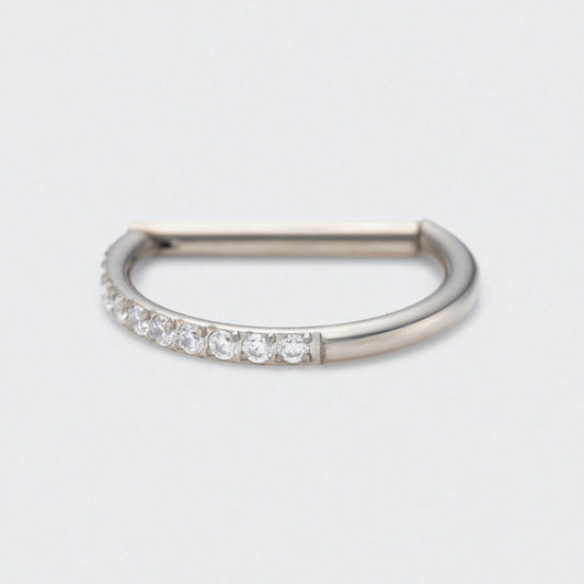 D Shape Half Side CZ Paved Hinged Segment Clicker Ring in Silver - Titanium
