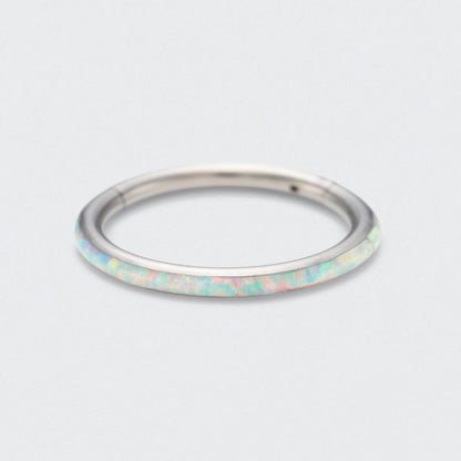 White Opal Side Facing Segment Hinged Clicker Ring in Silver - Titanium