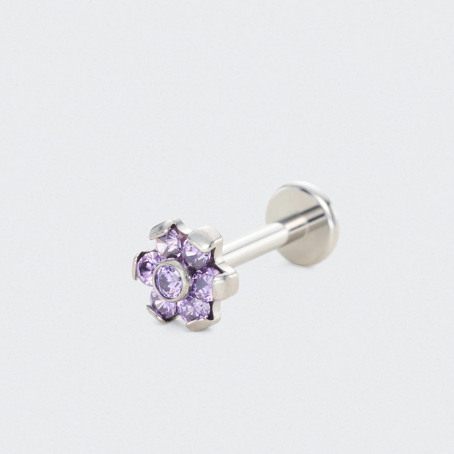 Bezel Flower Purple CZ Labret in Silver - Titanium