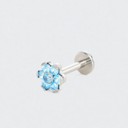 Bezel Flower Aqua CZ Labret in Silver - Titanium