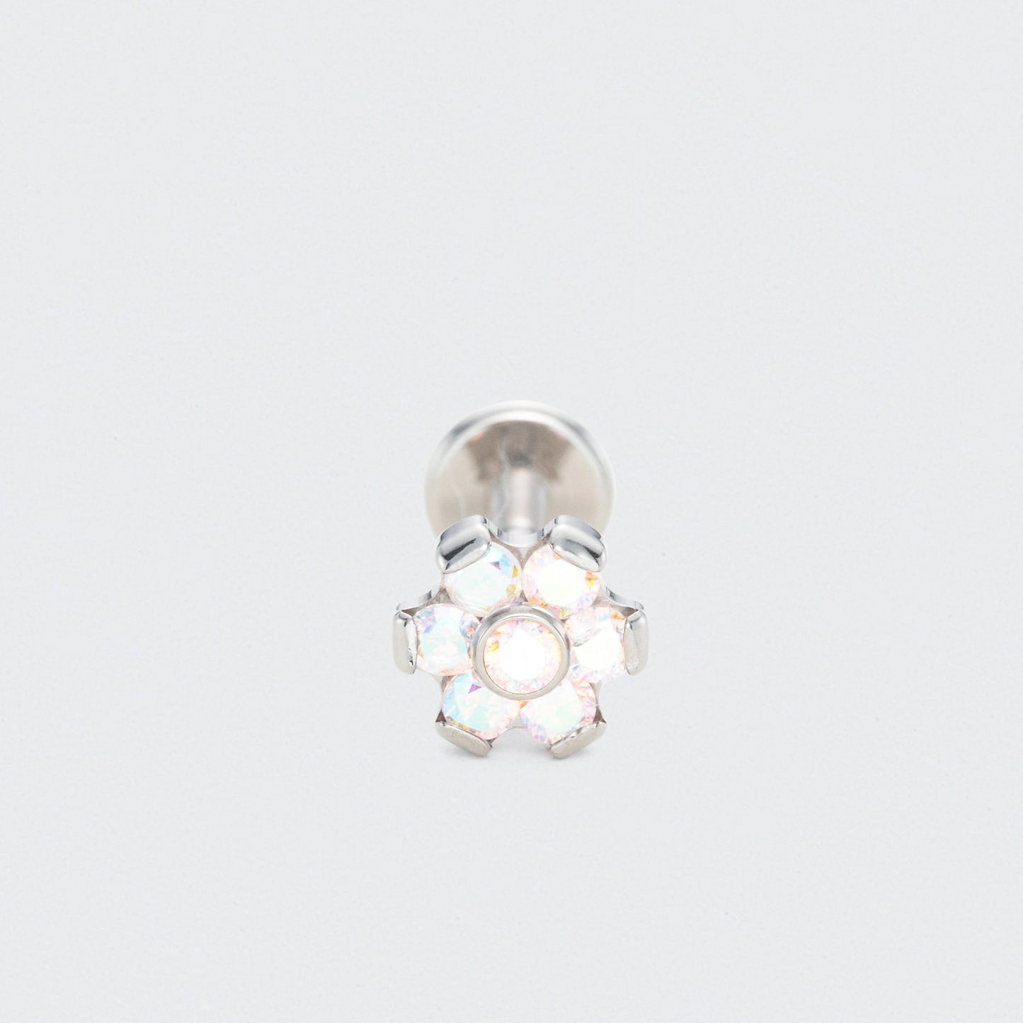 Bezel Flower Aurora CZ Labret in Silver - Titanium