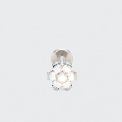 Bezel Flower Aurora CZ Labret in Silver - Titanium