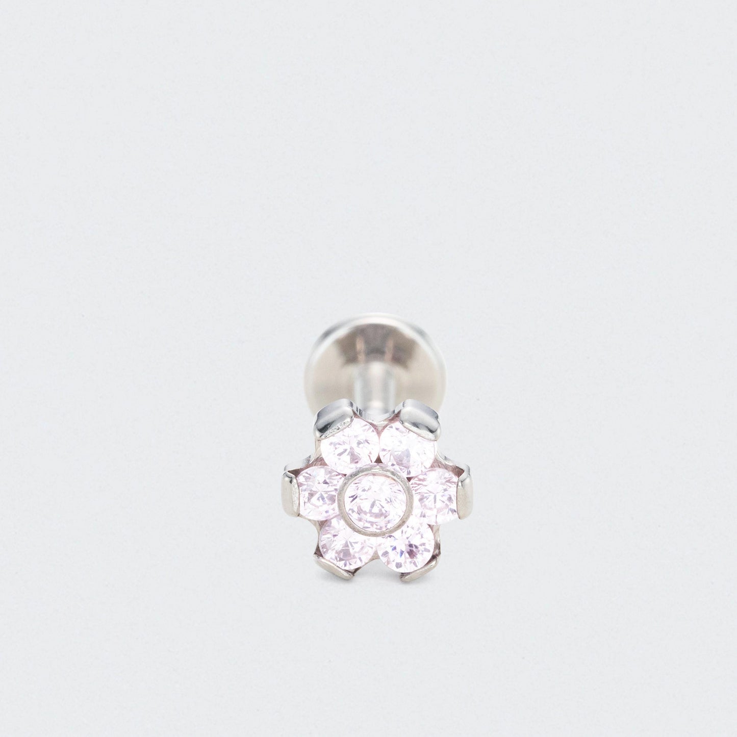 Bezel Flower Pink CZ Labret in Silver - Titanium