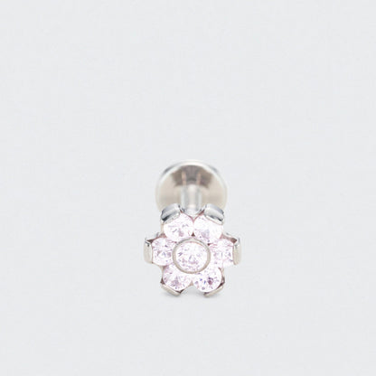 Bezel Flower Pink CZ Labret in Silver - Titanium