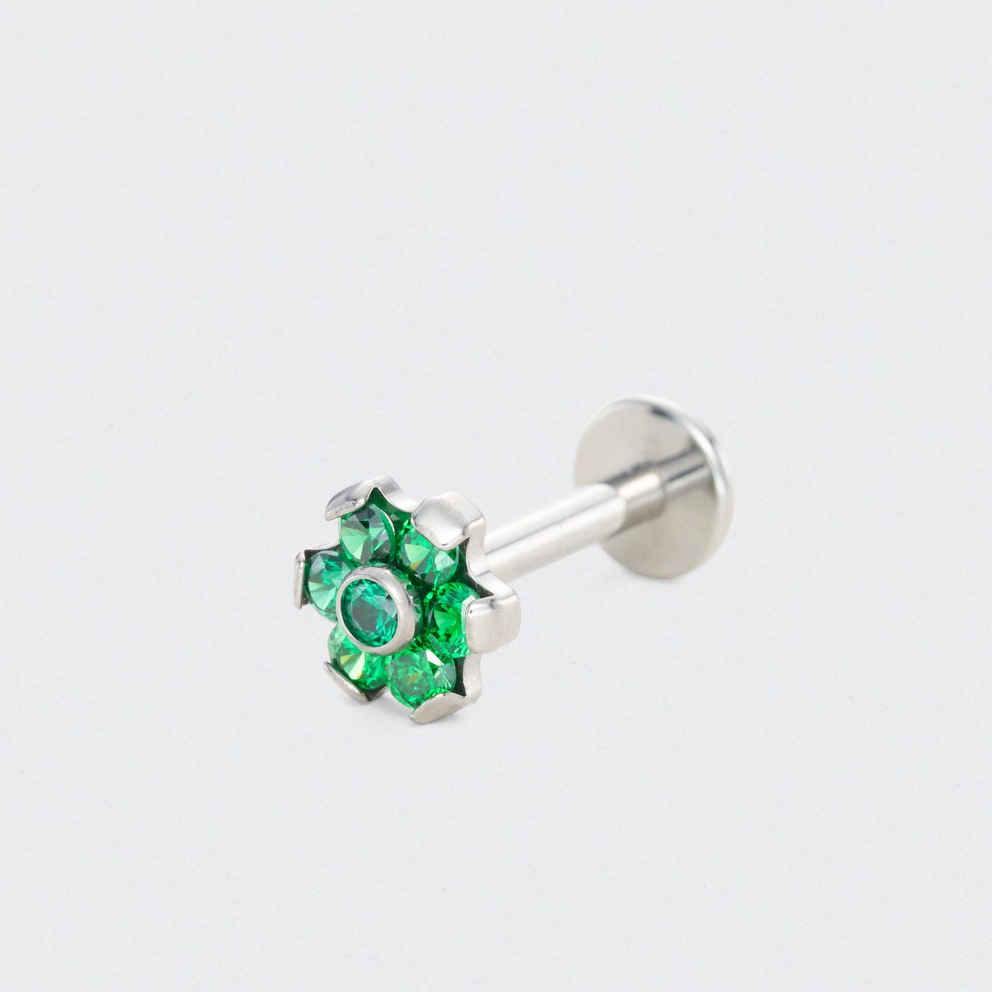 Bezel Flower Green CZ Labret in Silver - Titanium