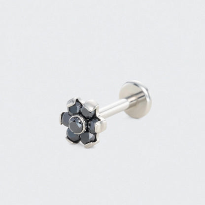 Bezel Flower Black CZ Labret in Silver - Titanium