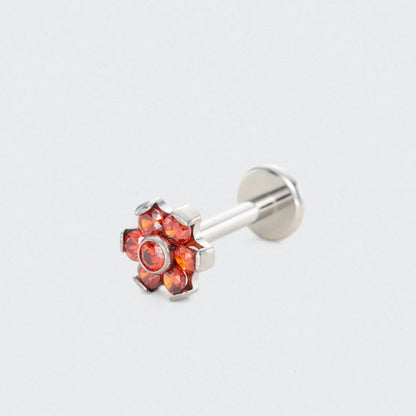Bezel Flower Red CZ Labret in Silver - Titanium