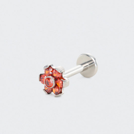 Bezel Flower Red CZ Labret in Silver - Titanium