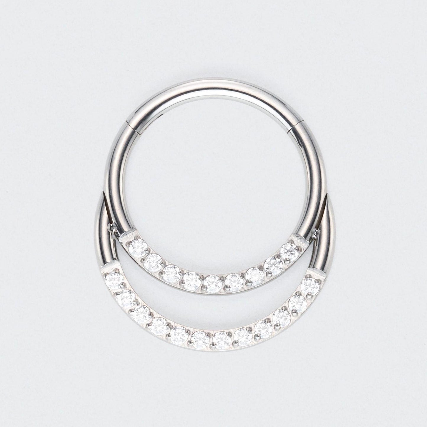 Double Hooped with Front Facing CZ Hinged Segment Ring in Silver - Titanium