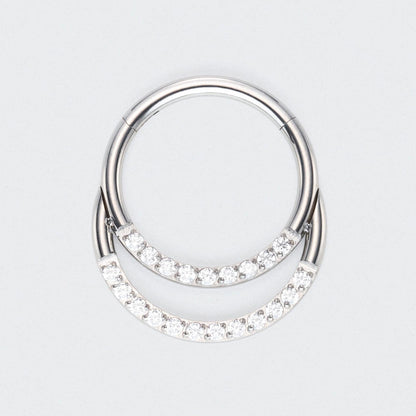 Double Hooped with Front Facing CZ Hinged Segment Ring in Silver - Titanium