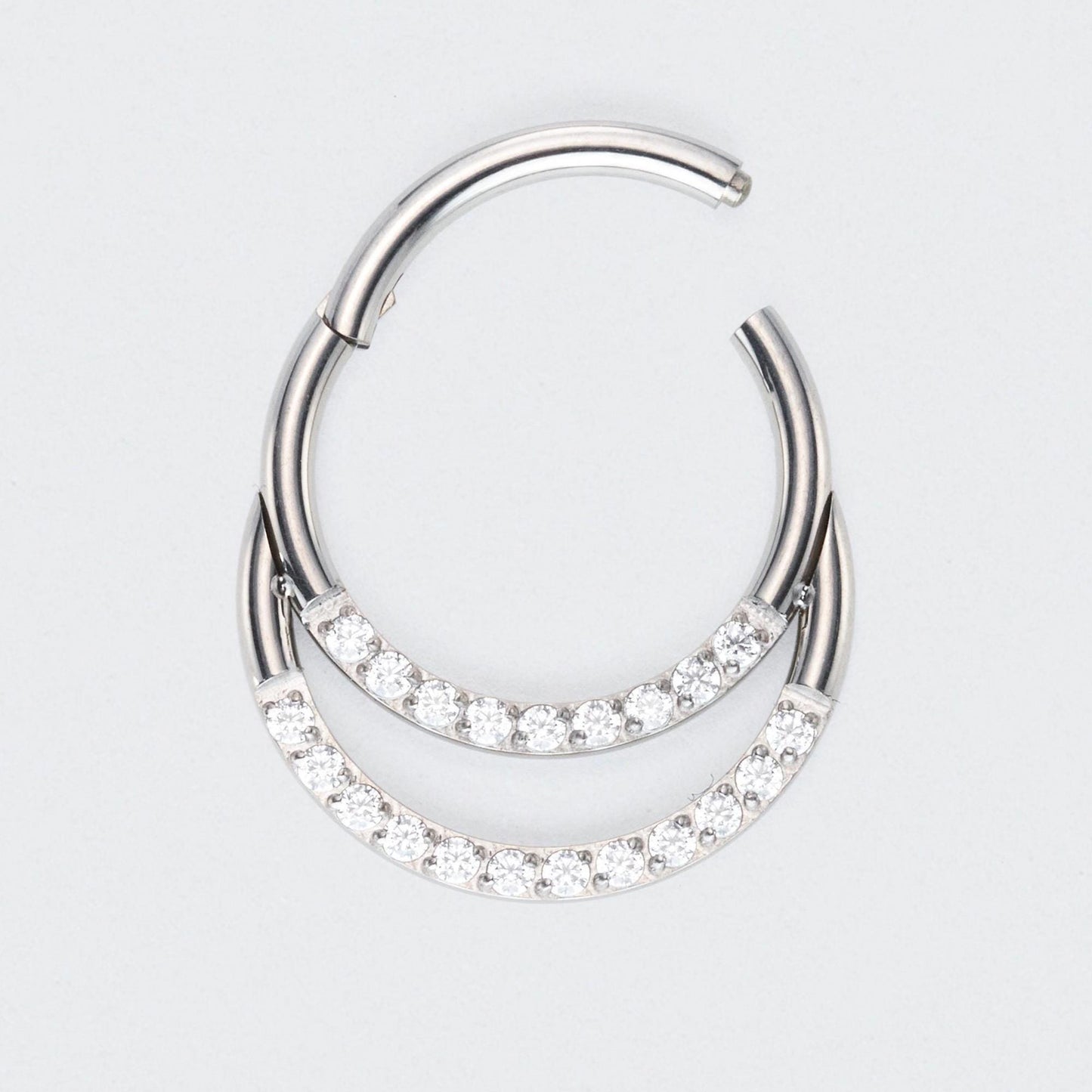 Double Hooped with Front Facing CZ Hinged Segment Ring in Silver - Titanium