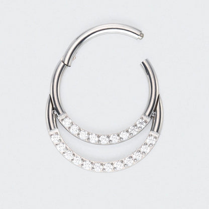 Double Hooped with Front Facing CZ Hinged Segment Ring in Silver - Titanium