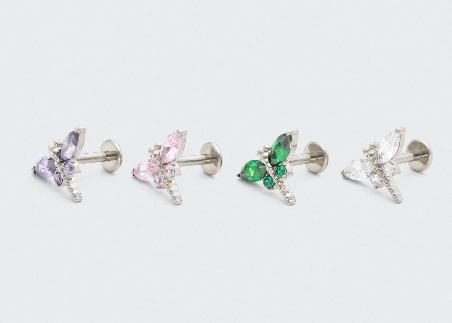 Dragonfly Pink CZ Front Facing Labret in Silver - Titanium
