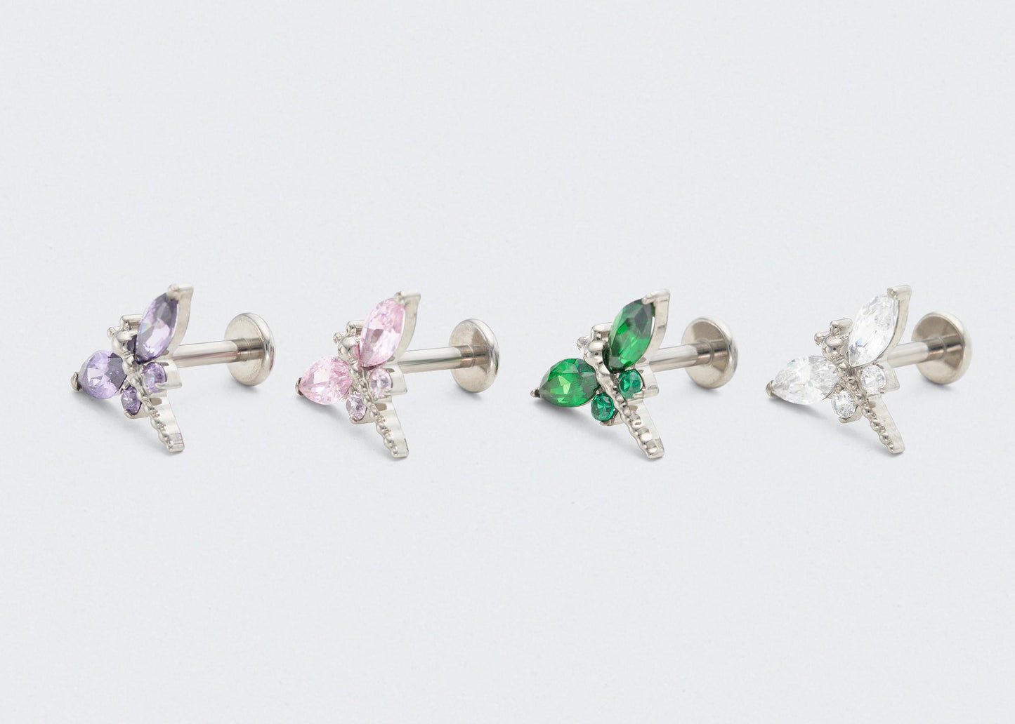 Dragonfly Green CZ Front Facing Labret in Silver - Titanium