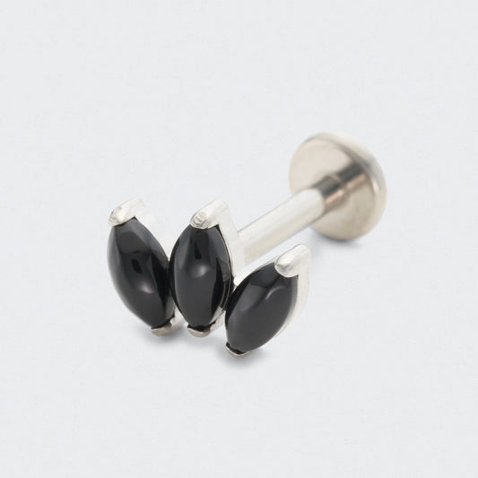 Triple Marquise Black Onyx Labret in Silver - Titanium