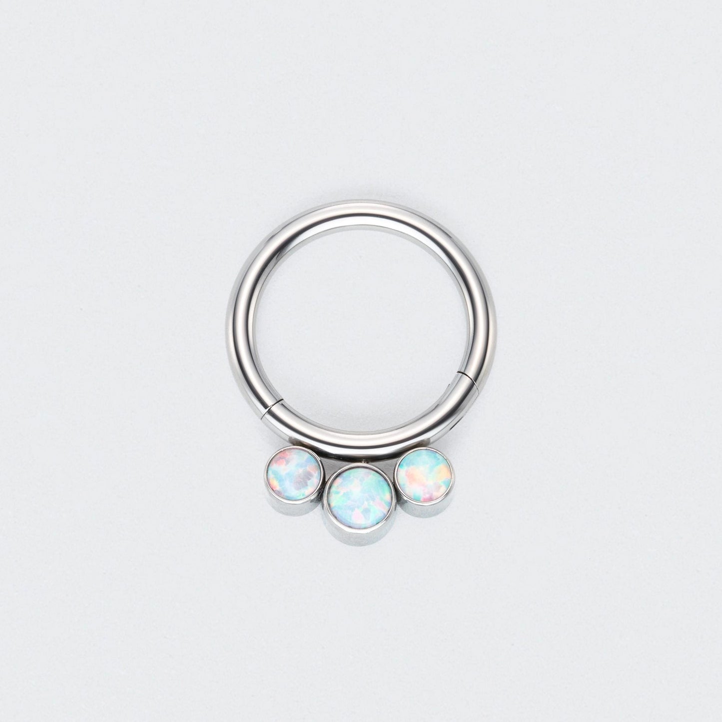 3 White Opal Jewels Hinged Segment Hoop Ring in Silver - Titanium
