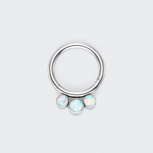 3 White Opal Jewels Hinged Segment Hoop Ring in Silver - Titanium