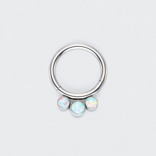 3 White Opal Jewels Hinged Segment Hoop Ring in Silver - Titanium