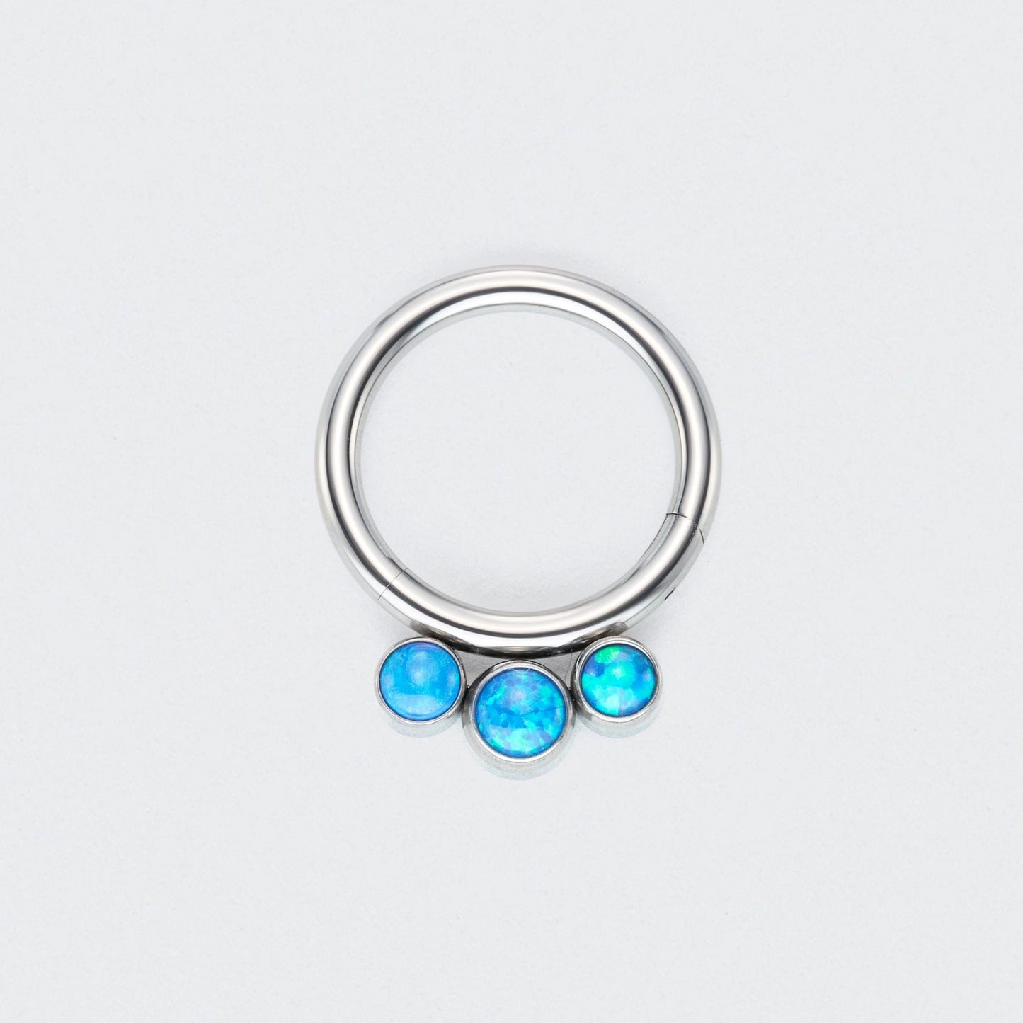 3 Blue Opal Jewels Front Facing Hinged Segment Hoop Ring in Silver - Titanium