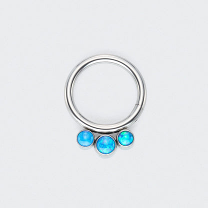 3 Blue Opal Jewels Front Facing Hinged Segment Hoop Ring in Silver - Titanium