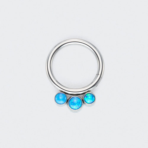 3 Blue Opal Jewels Front Facing Hinged Segment Hoop Ring in Silver - Titanium