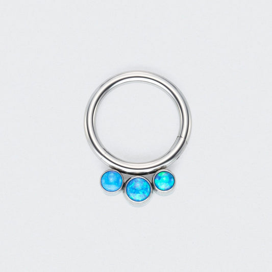 3 Blue Opal Jewels Front Facing Hinged Segment Hoop Ring in Silver - Titanium