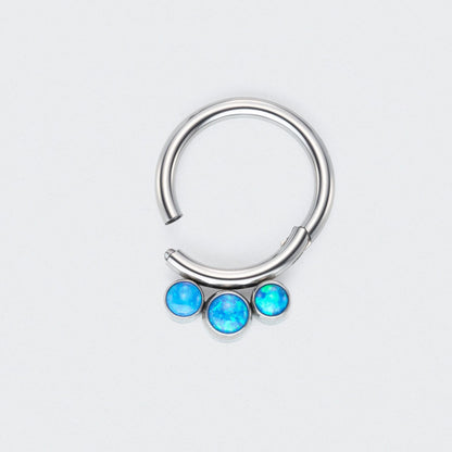 3 Blue Opal Jewels Front Facing Hinged Segment Hoop Ring in Silver - Titanium