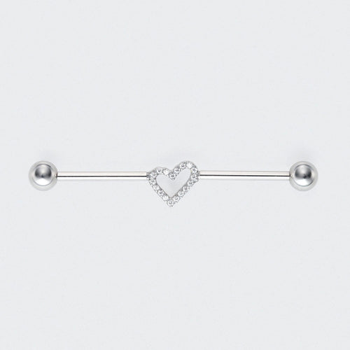 Heart CZ Paved Industrial Barbell in Silver - Titanium