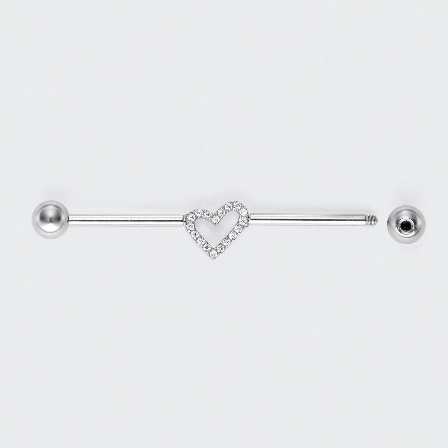 Heart CZ Paved Industrial Barbell in Silver - Titanium