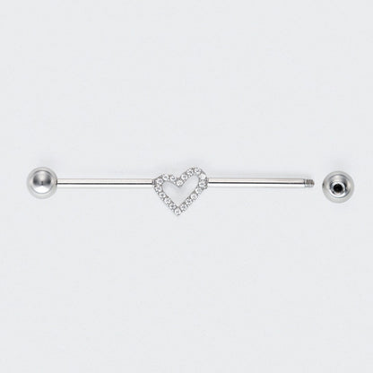 Heart CZ Paved Industrial Barbell in Silver - Titanium