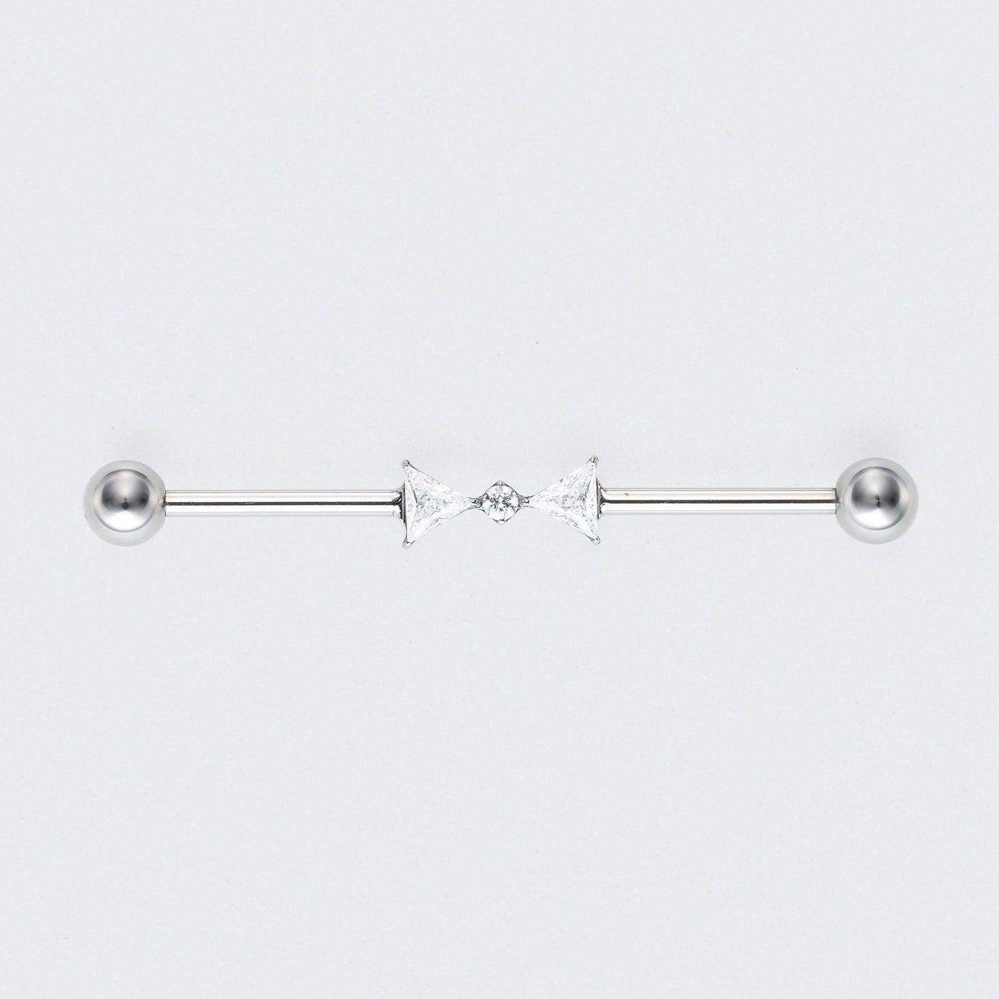 Double Triangle CZ with CZ Centre Pole Industrial Barbell in Silver - Titanium