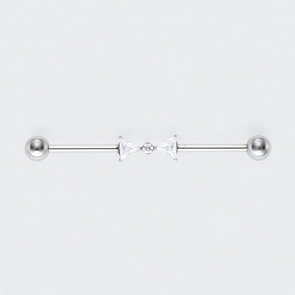 Double Triangle CZ with CZ Centre Pole Industrial Barbell in Silver - Titanium