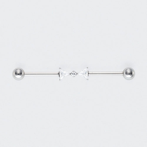 Double Triangle CZ with CZ Centre Pole Industrial Barbell in Silver - Titanium
