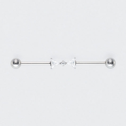 Double Triangle CZ with CZ Centre Pole Industrial Barbell in Silver - Titanium