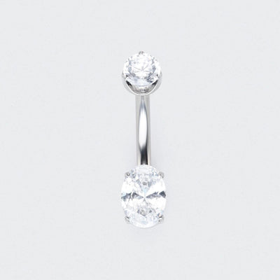Oval Cut Prong Set CZ Belly Bar in Silver - Titanium
