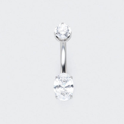 Oval Cut Prong Set CZ Belly Bar in Silver - Titanium