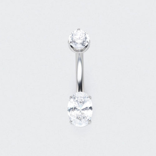 Oval Cut Prong Set CZ Belly Bar in Silver - Titanium