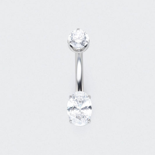 Oval Cut Prong Set CZ Belly Bar in Silver - Titanium