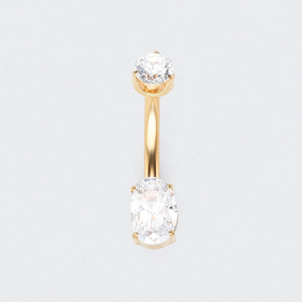 Oval Cut Prong Set CZ Belly Bar in Gold - Titanium