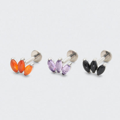 Triple Marquise Black Onyx Labret in Silver - Titanium