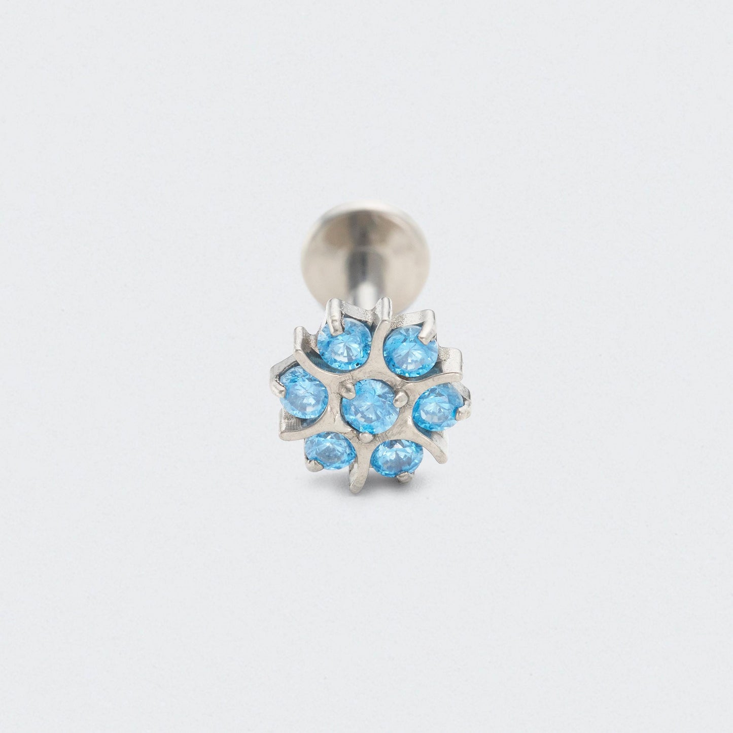 Flower Aqua Blue CZ Front Facing Labret in Silver - Titanium
