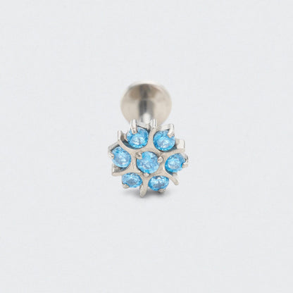 Flower Aqua Blue CZ Front Facing Labret in Silver - Titanium