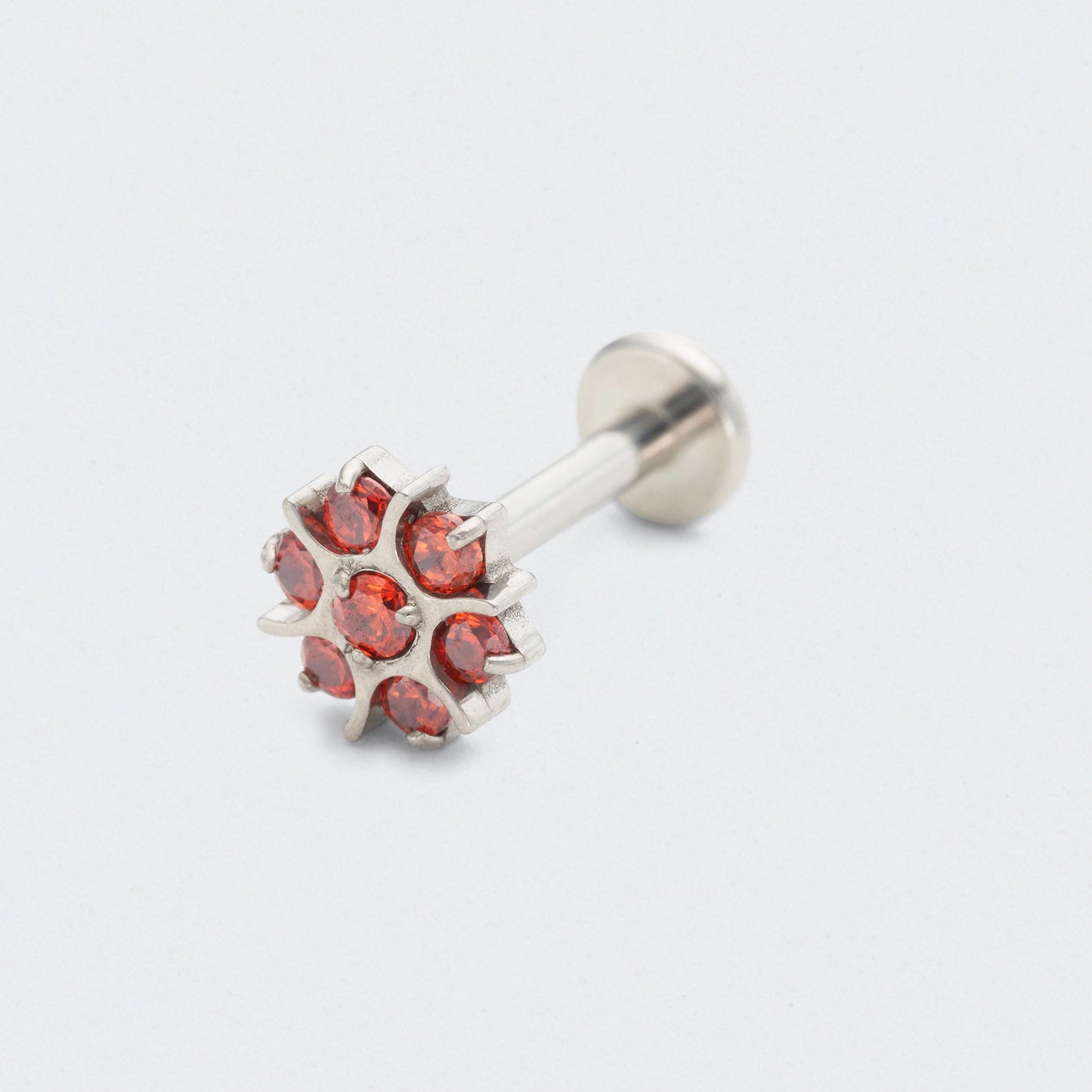 Flower Red CZ Labret in Silver - Titanium