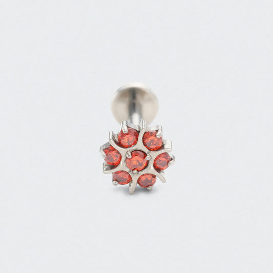 Flower Red CZ Labret in Silver - Titanium